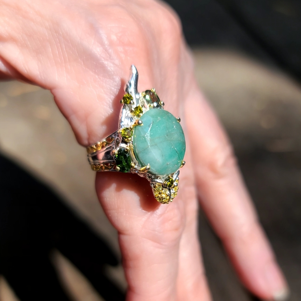 12k Emerald & Tourmaline Lizard 🦎 sterling &gold ring sz7.5 💍 - Picture 3 of 8